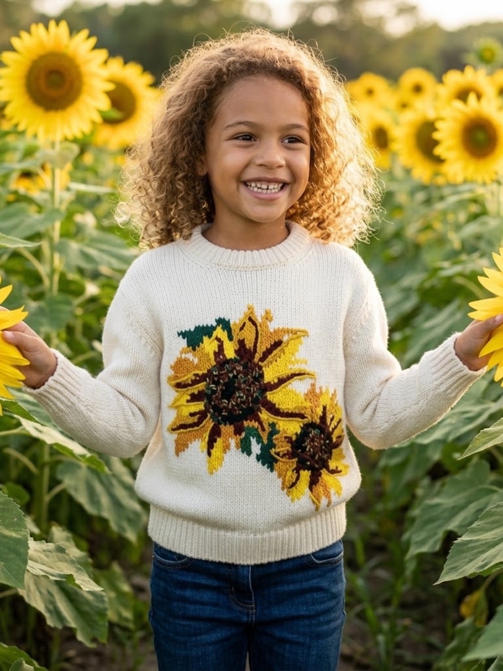 Dolce & Gabbana Kids Italian Wool Cashmere Sunflower Knit Sweater Ivory Size 7/8